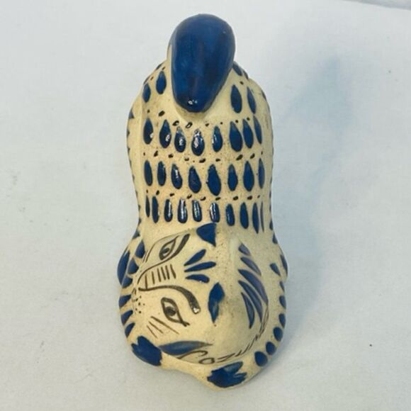 Tonala Mexico Folk Art Pottery Stretching Cat Hand Painted Rain Drop Blue Excell - Picture 5 of 6
